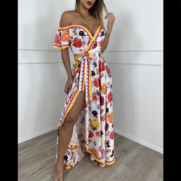 LAST ☝️Sz S  🌹 Roses Peep Leg Bardot Maxi Dress - Picture 2 of 8